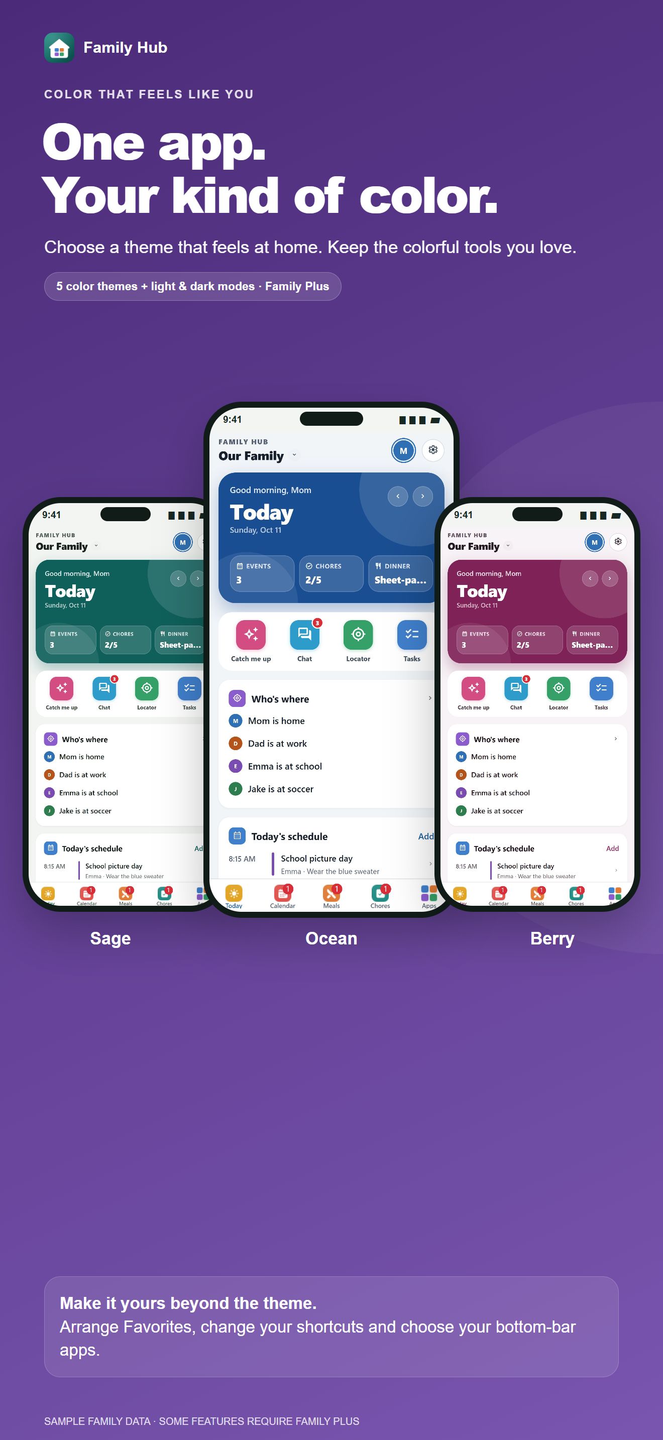 Three Family Hub phones showing different colorful themes